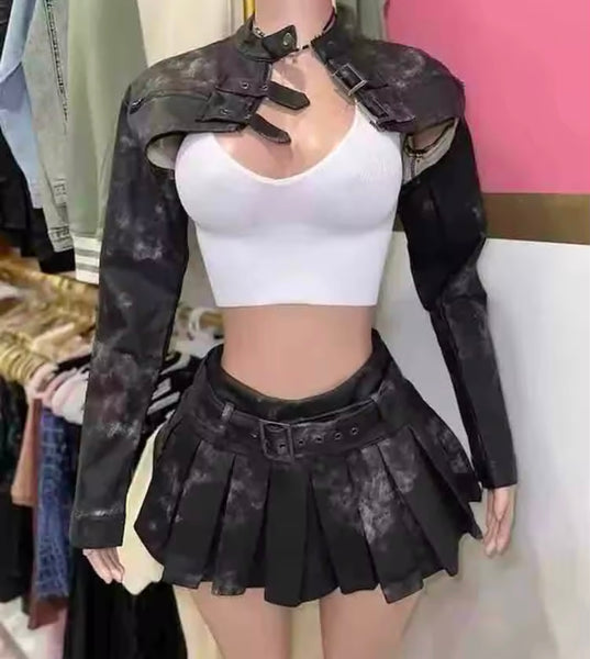 Women Fashion Tie Dye PU Buckled Crop Jacket Two Piece Pleated Skirt Set