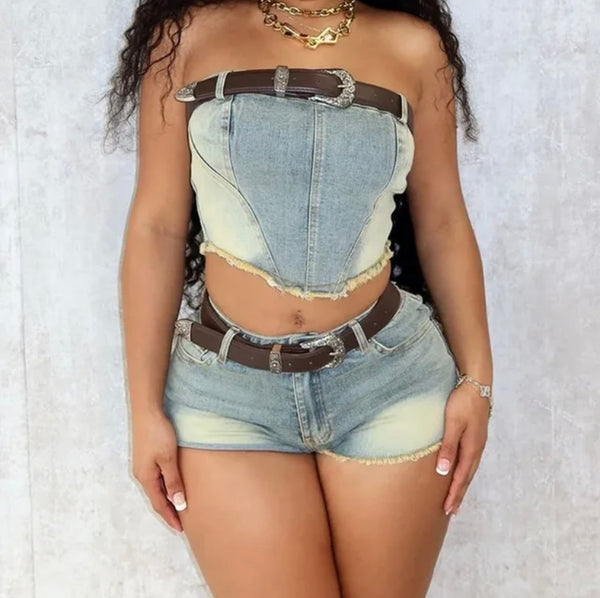 Women Two Piece Sexy Strapless Crop Denim Short Set