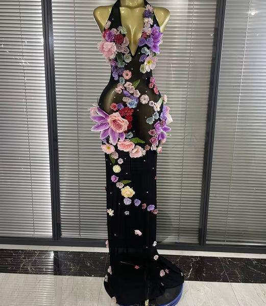 Women Sexy Halter Sleeveless Floral Mesh Maxi Dress