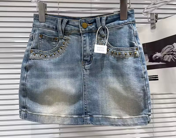 Women Sexy Fashion Rivet Denim Skirt
