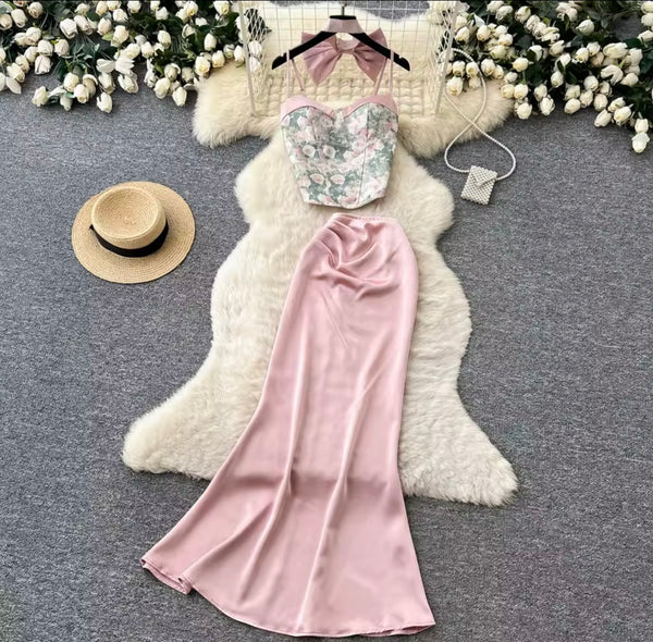 Women Bow Floral Sleeveless Two Piece Maxi Skirt Set