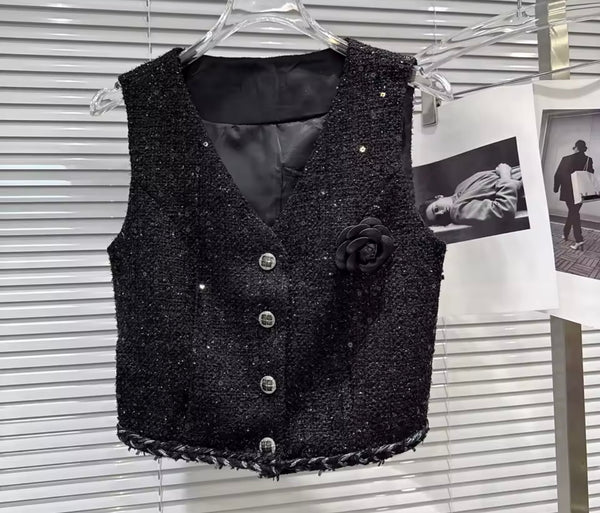 Women Black Button Up Tweed Vest Two Piece Ruffled Skirt Set
