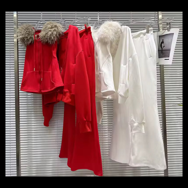 Women Fashion Fur Patchwork Zip Up Three Piece Pant Set