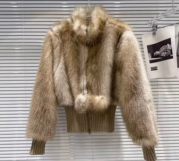 Women Fashion Color Patchwork Zip Up Faux Fur Jacket