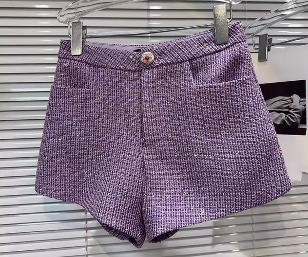 Women Sleeveless Button Up Tweed Two Piece Short Set