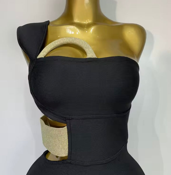 Women Black Sexy One Shoulder Sleeveless Cut Out Bandage Dress