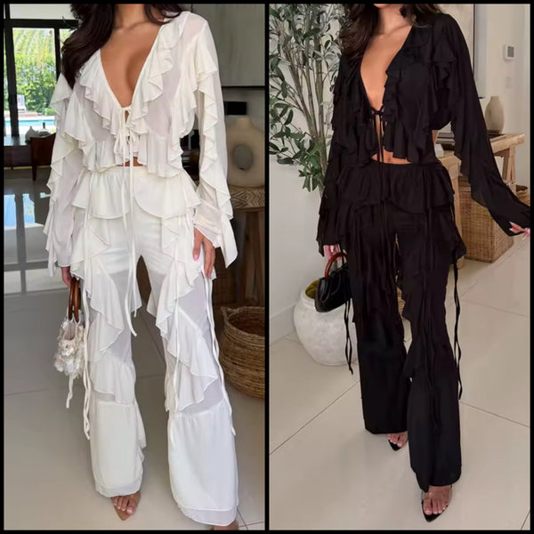 Women Ruffled Tie Up Full Sleeve Fashion Two Piece Pant Set