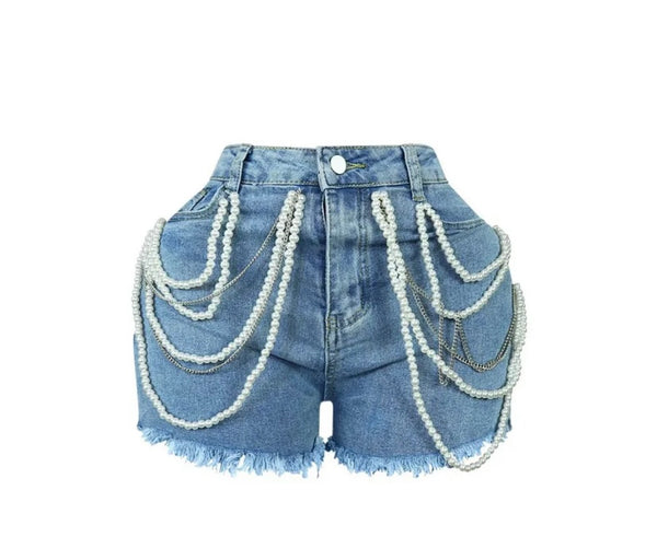 Women Pearl Chain Fashion Denim Shorts