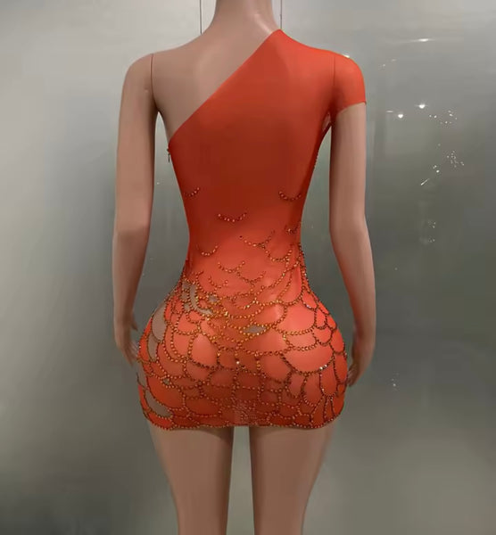 Women Orange One Shoulder Rhinestone Sexy Mesh Dress