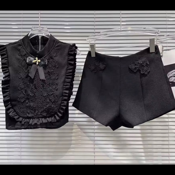 Women Black Pleated Lace Bow Sleeveless Two Piece Short Set