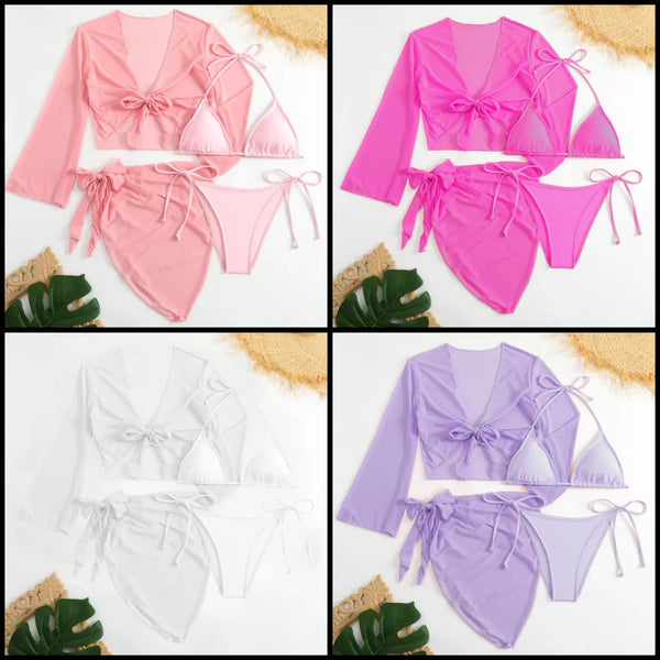 Women Sexy Color Bikini Mesh Cover Up Set