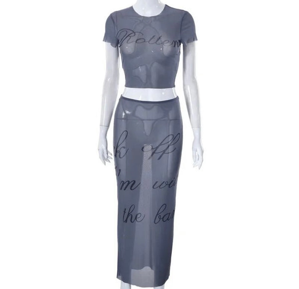 Women Sexy Letter Print Short Sleeve Mesh Two Piece Maxi Skirt Set