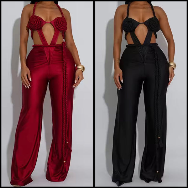 Women Sexy Sleeveless Open Back Tassel Two Piece Pant Set