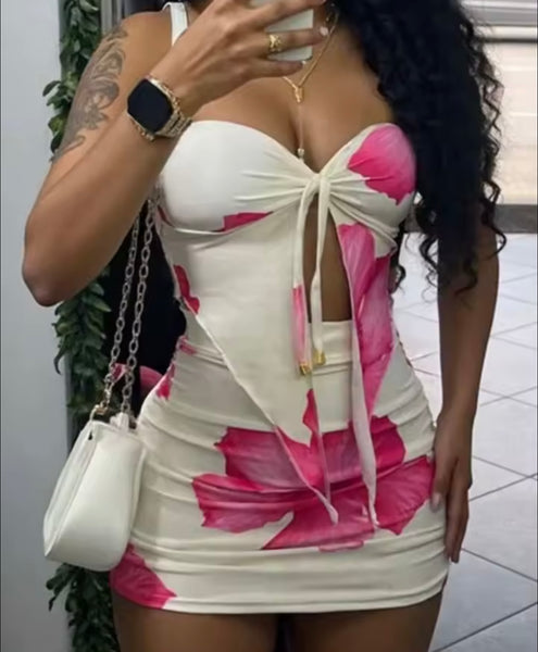 Women White Sexy Strapless Floral Print Two Piece Skirt Set