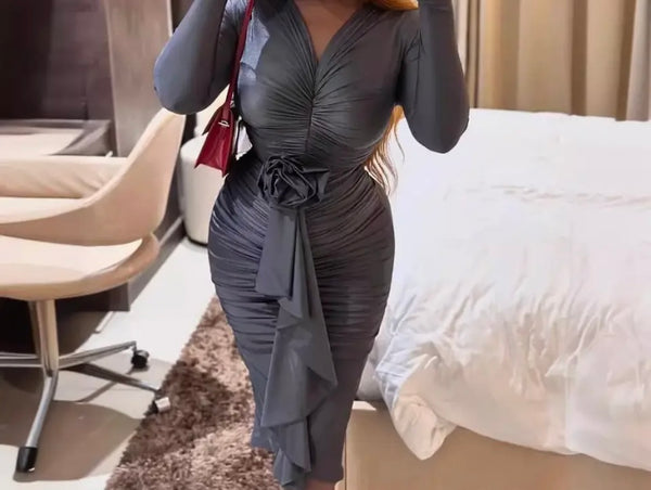 Women Sexy Full Sleeve Ruched Floral Ruffled Dress
