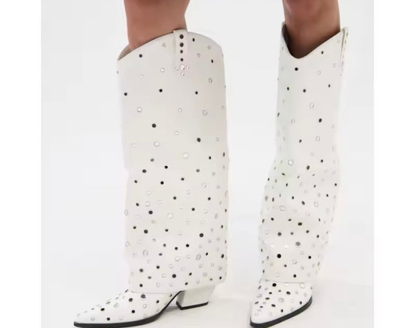 Women Fashion White Bling Rivet Knee High Western Boots
