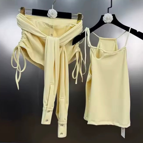 Women Sexy Sleeveless Yellow Tie Up Two Piece Short Set