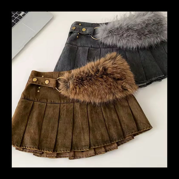 Women Color Fashion Fur Buckle Pleated Denim Skirt