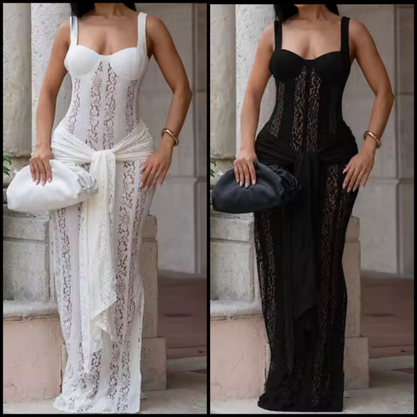 Women Sexy Sleeveless Floral Lace Maxi Dress