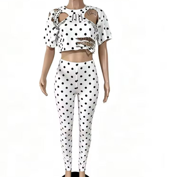 Women Polka Dot Safety Pin Crop Fashion Two Piece Pant Set