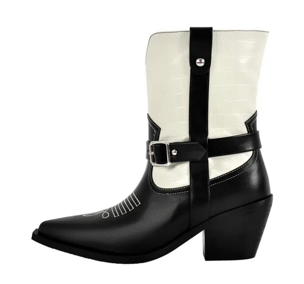 Women Fashion Color Patchwork Faux Leather Buckled Western Ankle Boots