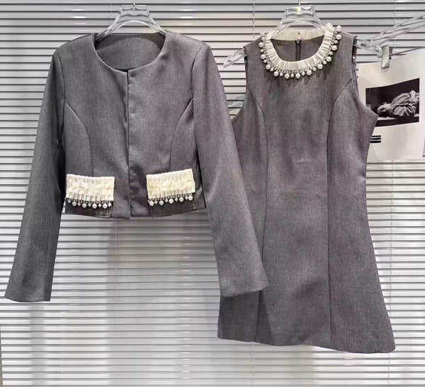 Women Gray Pearl Fashion Blazer Dress Set