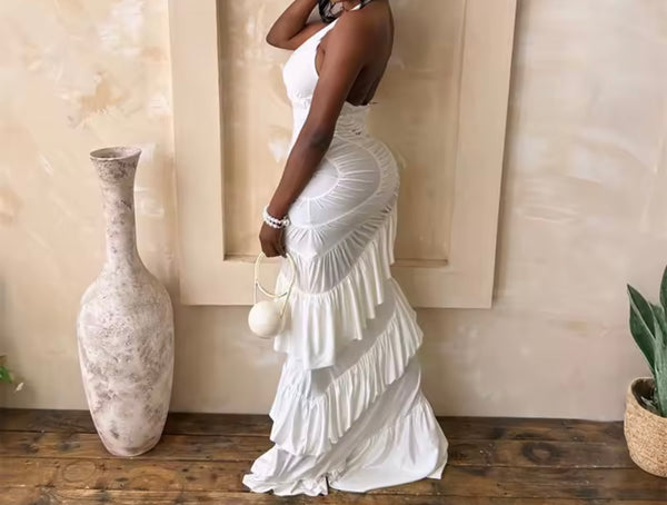 Women Sexy Halter Sleeveless Ruffled Maxi Dress