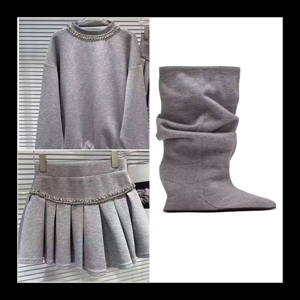 Women Rhinestone Bow Open Back Sweater Two Piece Skirt Set
