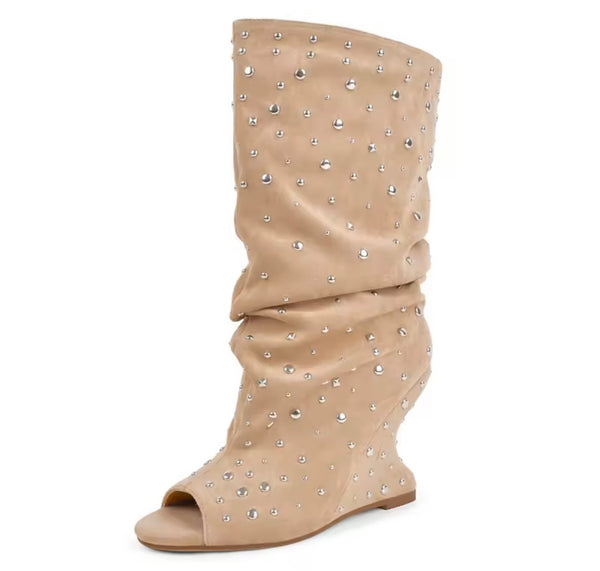 Women Fashion Open Toe Rivet Wedge Ruched Knee High Boots