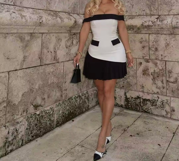 Women Sexy Off The Shoulder B&W Pleated Pocket Dress