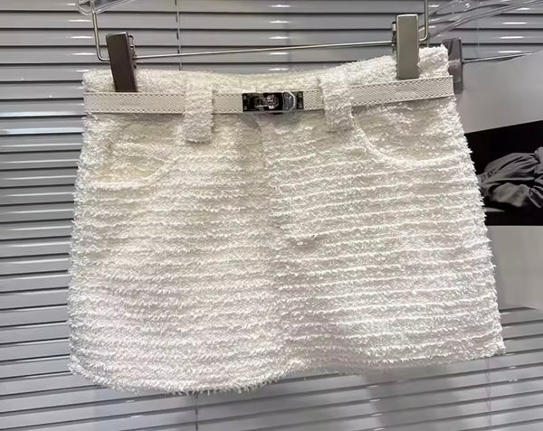 Women Sexy Fashion Belted Tweed Short Skirt