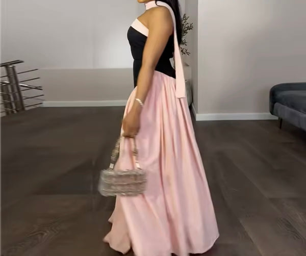 Women Sexy Strapless Color Patchwork Pleated Maxi Dress
