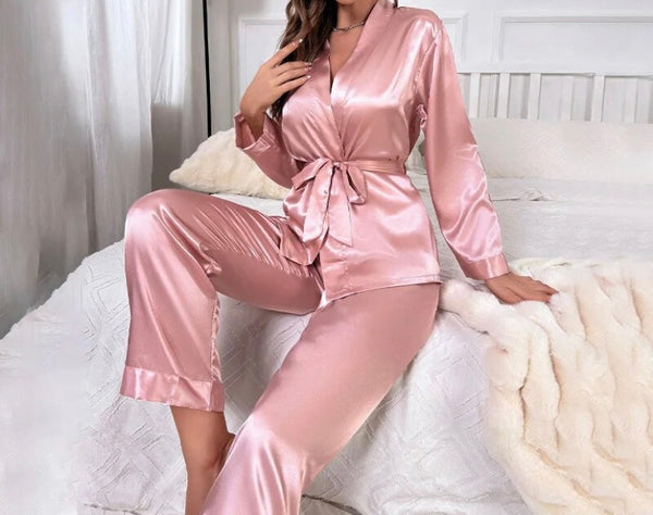 Women Pink Sexy Satin Full Sleeve Lingerie Set