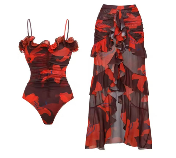 Women Ruffled Floral Swimsuit Cover Up Set