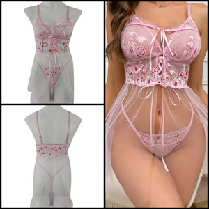 Women Sexy Sleeveless Pink Heart Mesh Lingerie Set