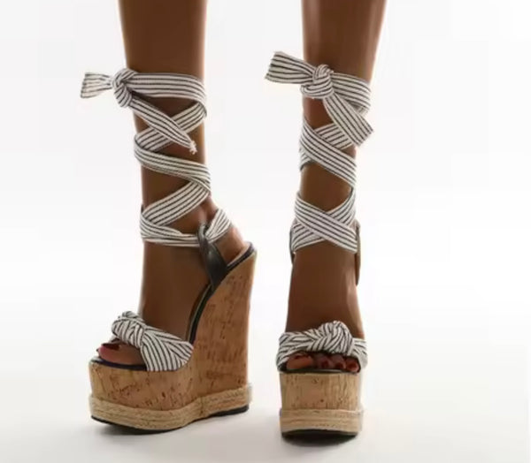 Women Fashion B&W Striped Wedge Lace Up Sandals