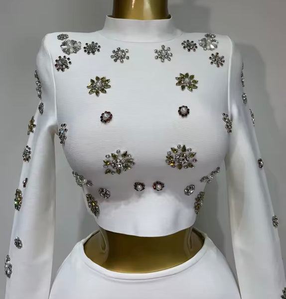 Women Sexy White Rhinestone Full Sleeve Two Piece Maxi Skirt Set