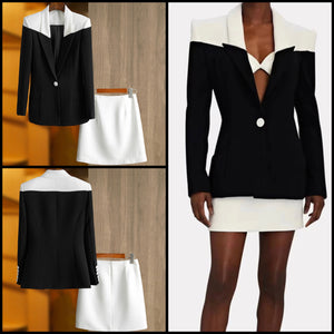 Women Fashion B&W Button Blazer Two Piece Skirt Set