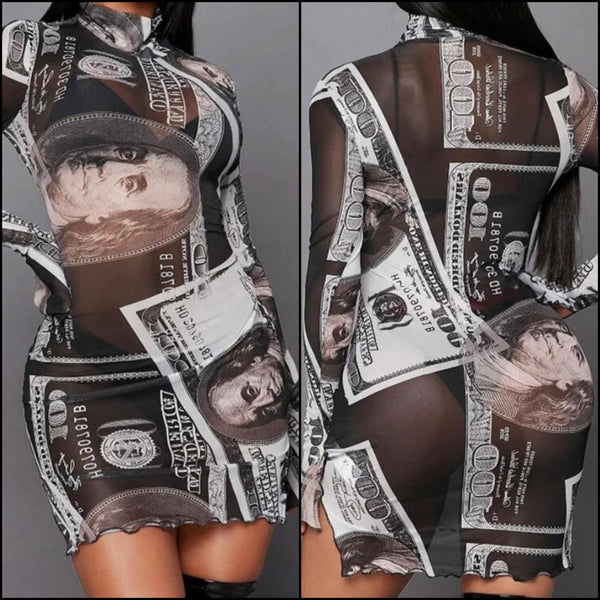 Women Sexy B&W Money Print Full Sleeve Mesh Dress