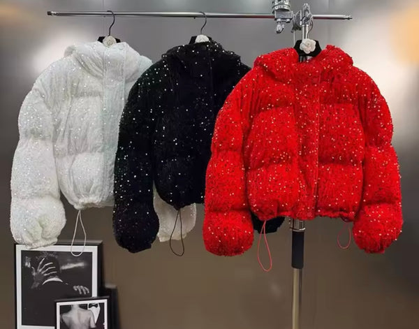 Women Fashion Sequins Hooded Puff Jacket