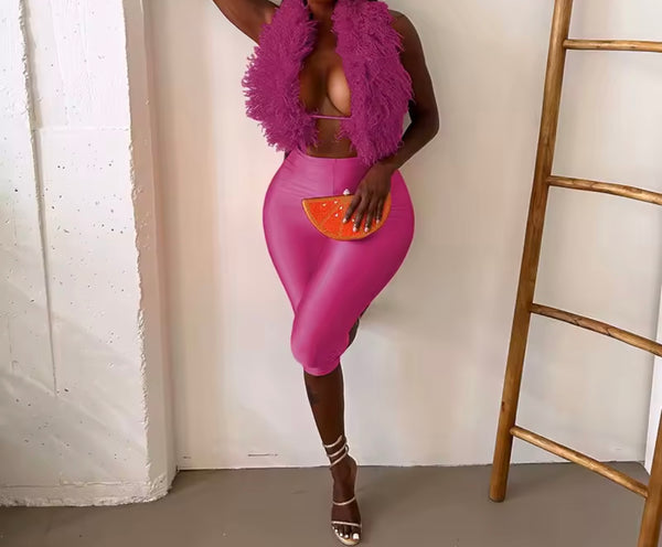 Women Sexy Halter Sleeveless Fur Two Piece Capri Pant Set