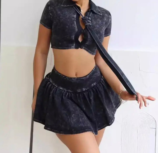 Women Sexy Tie Short Sleeve Crop Two Piece Skirt Set