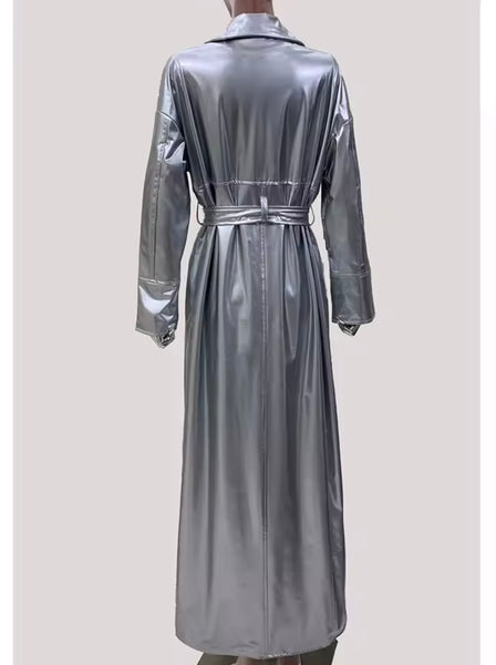 Women Silver Fashion PU Leather Trench Jacket