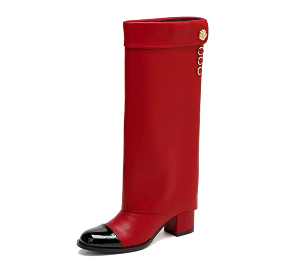 Women Fashion Faux Leather Gold Button Knee High Boots
