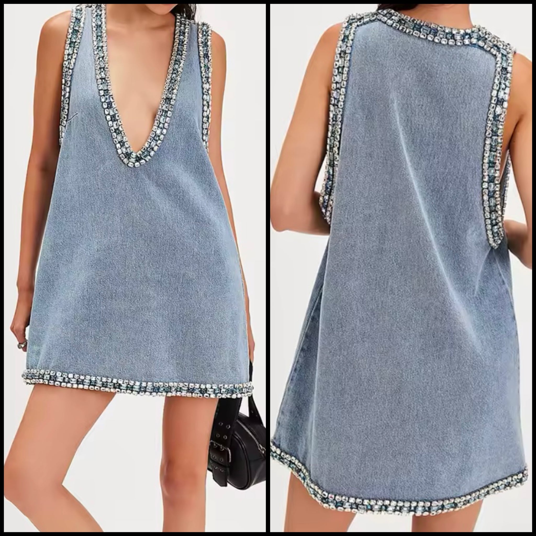Women Sexy V-Neck Sleeveless Rhinestone Denim Dress