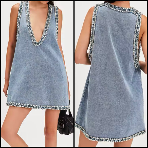Women Sexy V-Neck Sleeveless Rhinestone Denim Dress