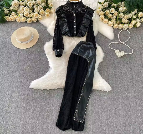 Women Sexy Lace PU Rivet Button Up Two Piece Maxi Skirt Set