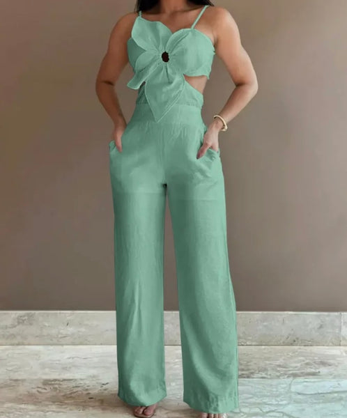 Women Sleeveless Floral Solid Color Sexy Fashion Jumpsuit