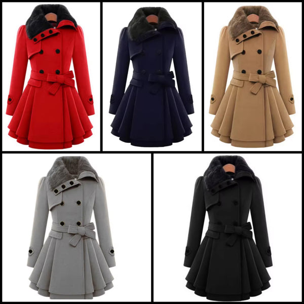 Women Fashion Fur Collar Button Up Ruffled Jacket