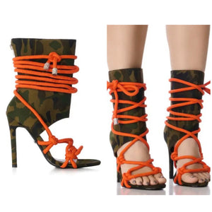 Women Fashion Open Toe Lace Up Camouflage Ankle Boots